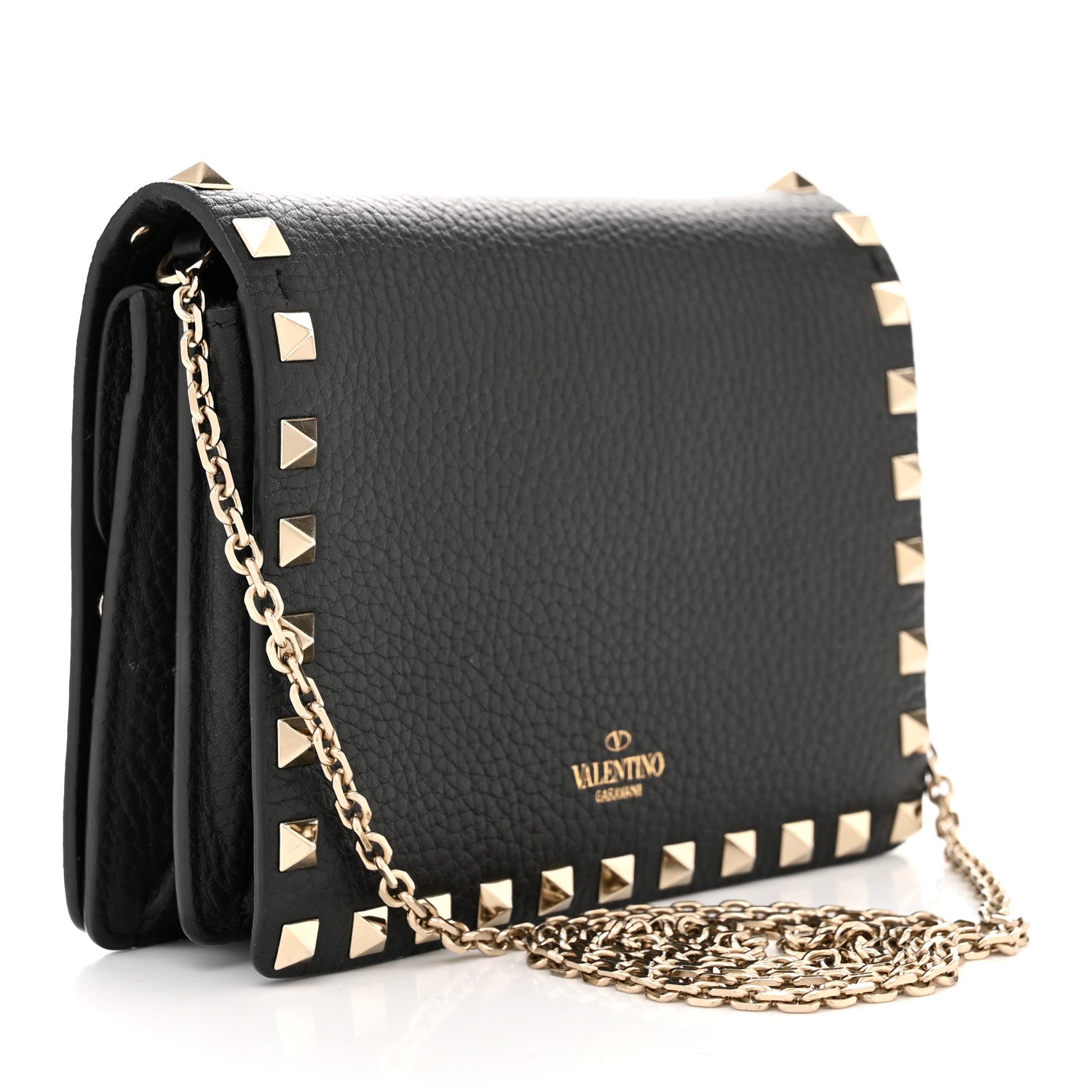 Valentino Garavani Pebbled Calfskin Rockstud Wallet On Chain Black 3 of 13