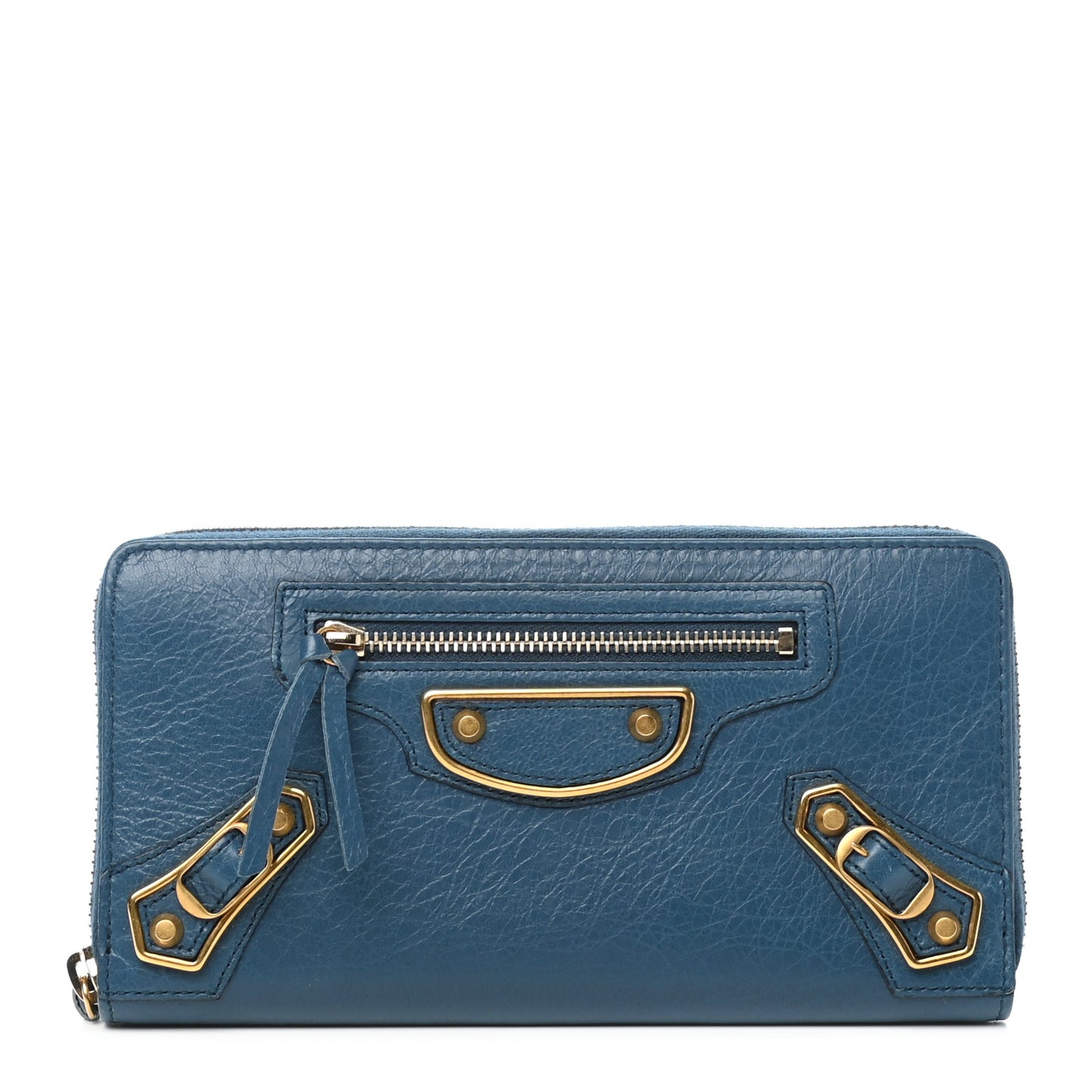 Chevre Gold Metallic Edge Hardware Zip Around Wallet Blue
