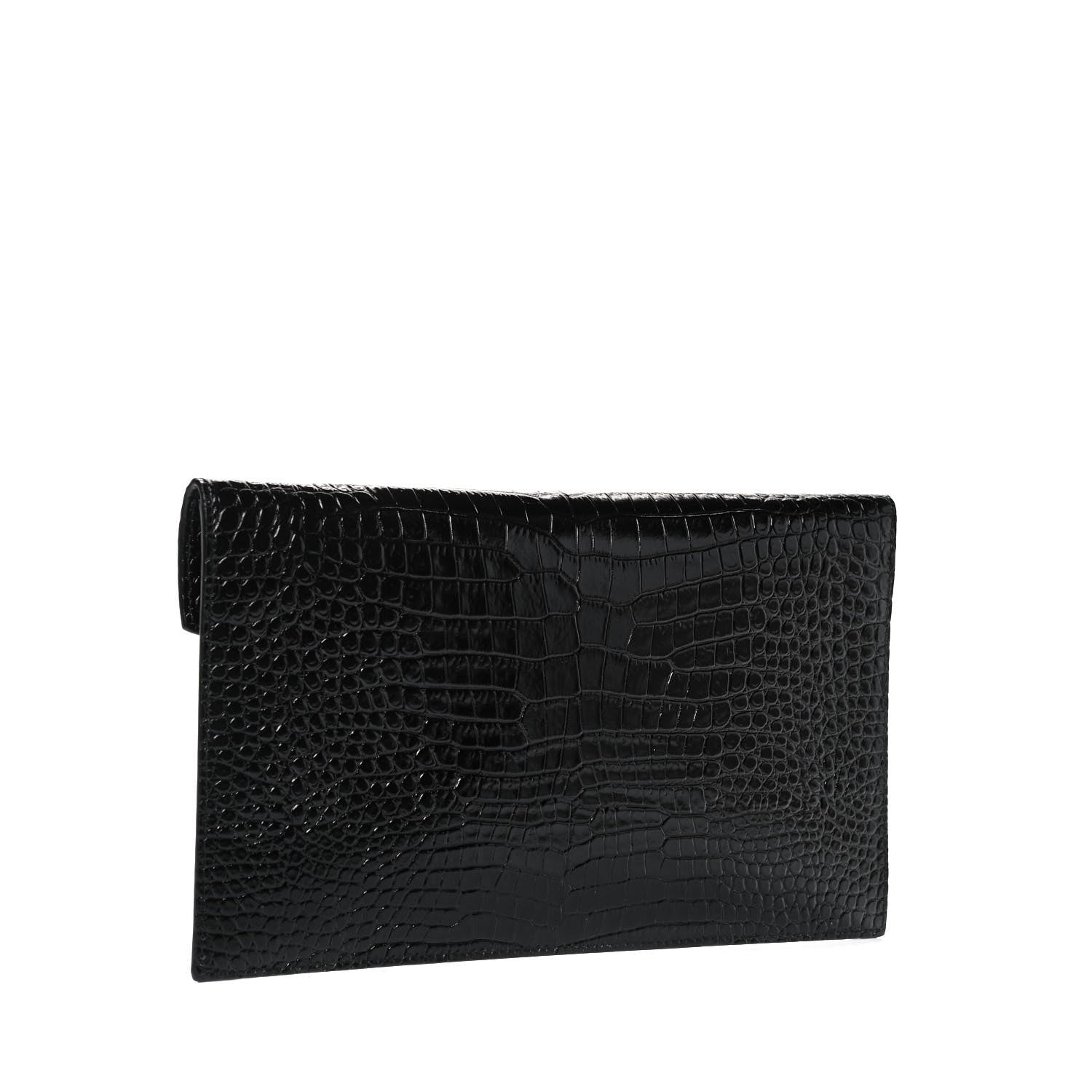 Saint Laurent Calfskin Crocodile Embossed Uptown Monogram Clutch Black 3 of 8