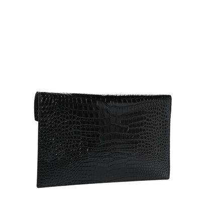 Saint Laurent Calfskin Crocodile Embossed Uptown Monogram Clutch Black 3 of 8