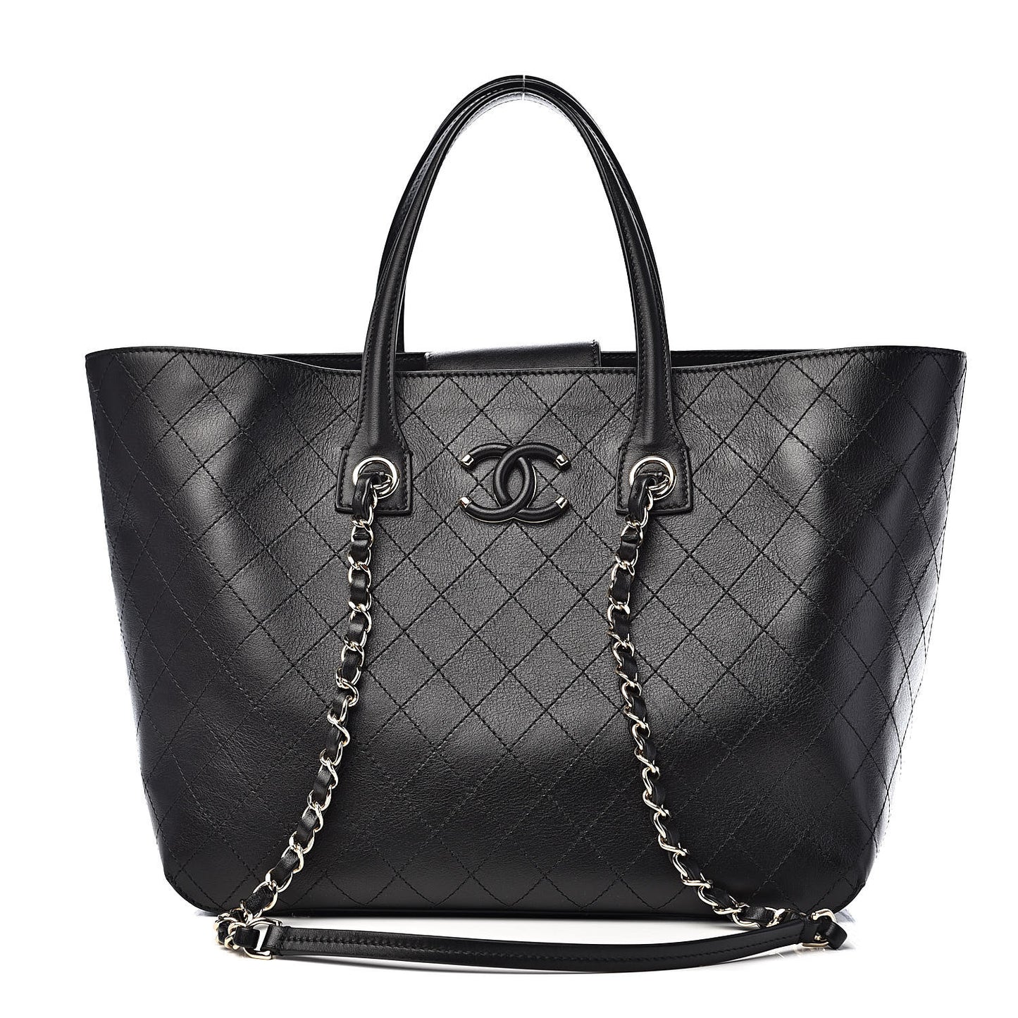 Calfskin Stitched Shopping Tote Black