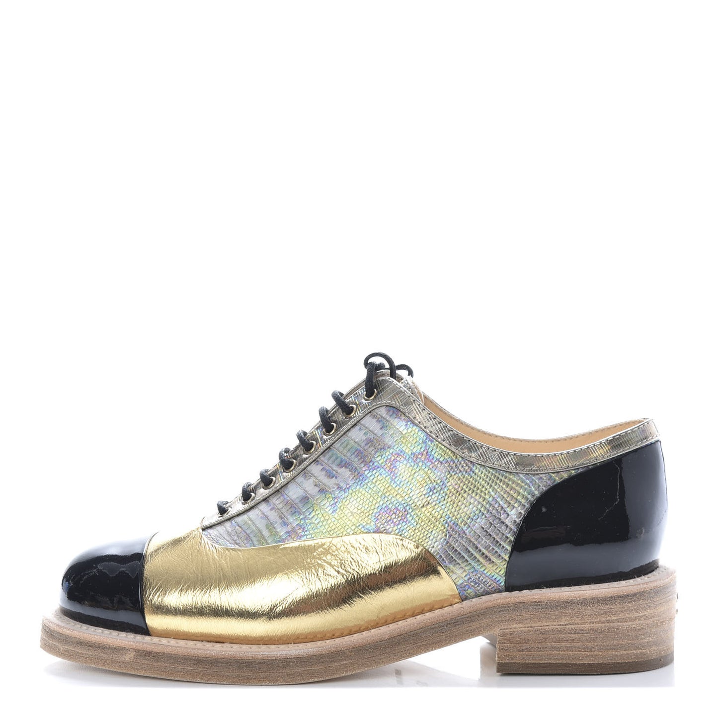 Metallic Goatskin Patent Calfskin Lizard Lace Up Loafers 37 Light Gold Black Multcolor