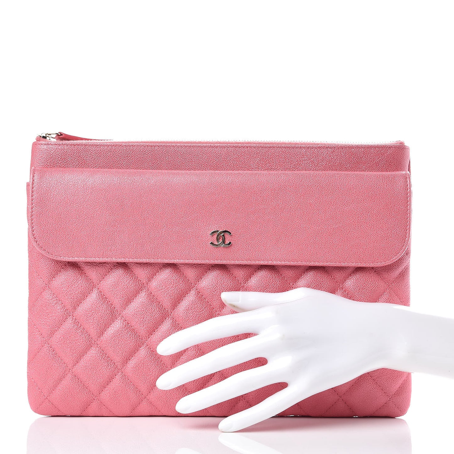 Iridescent Caviar Quilted Medium Flap Cosmetic Case Pink