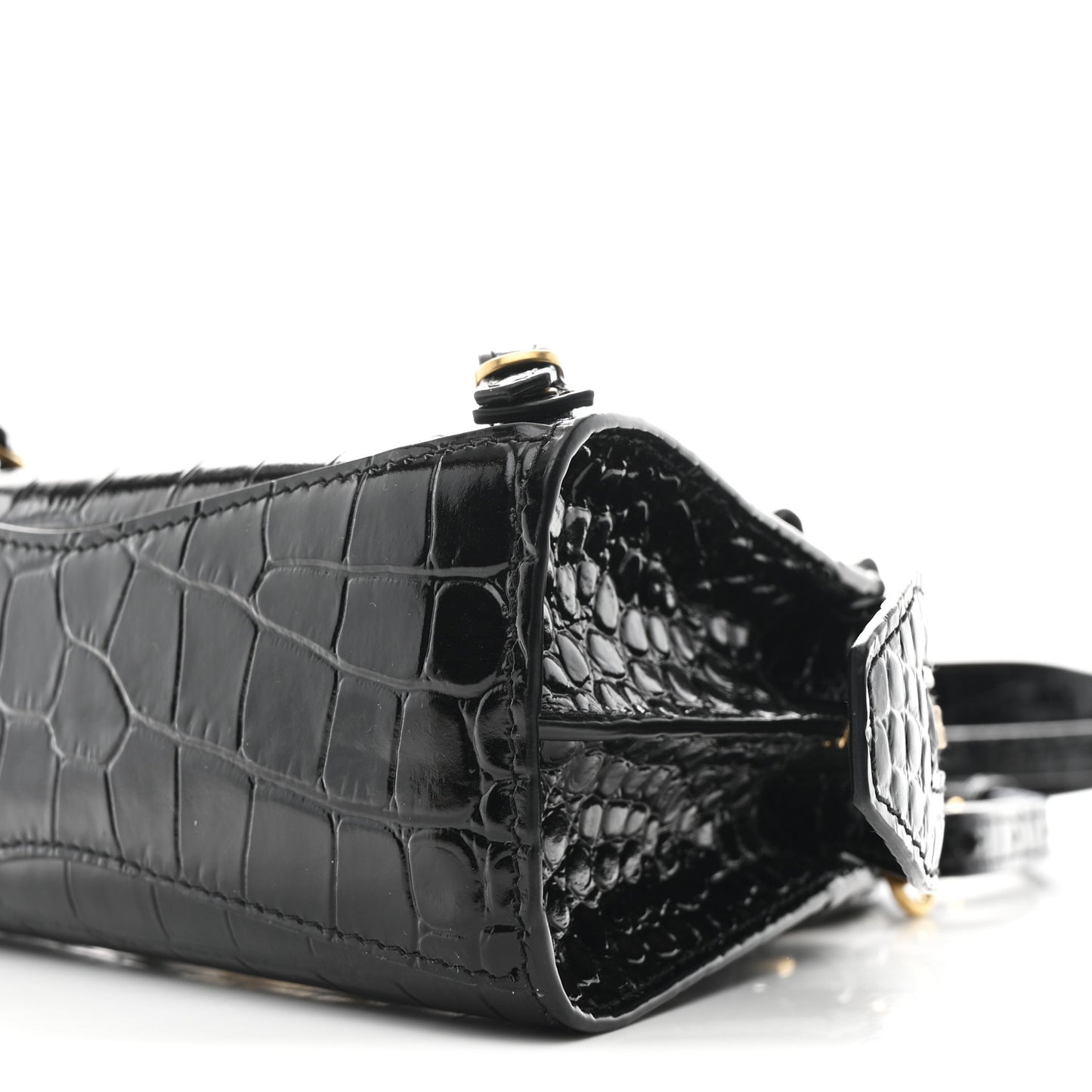 Shiny Supple Calfskin Crocodile Embossed Neo Classic Gold Hardware Nano City Crossbody Black