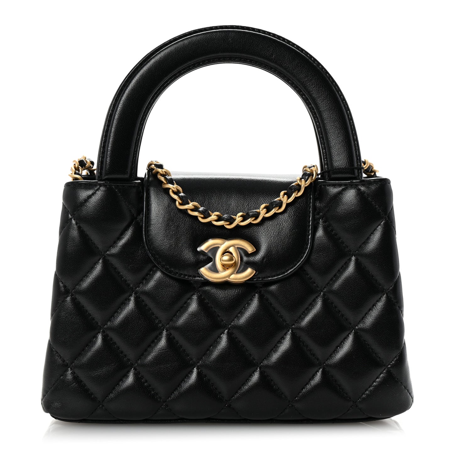Shiny Aged Calfskin Quilted Nano Kelly Shopper Black