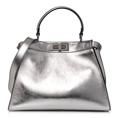 Fendi Vitello Catalan Mirror Medium Peekaboo Iconic Satchel Argento 1 of 14