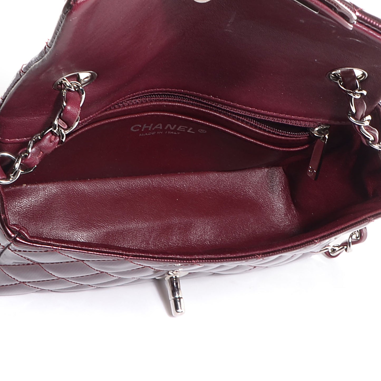 Striated Patent Quilted Mini Rectangular Flap Burgundy