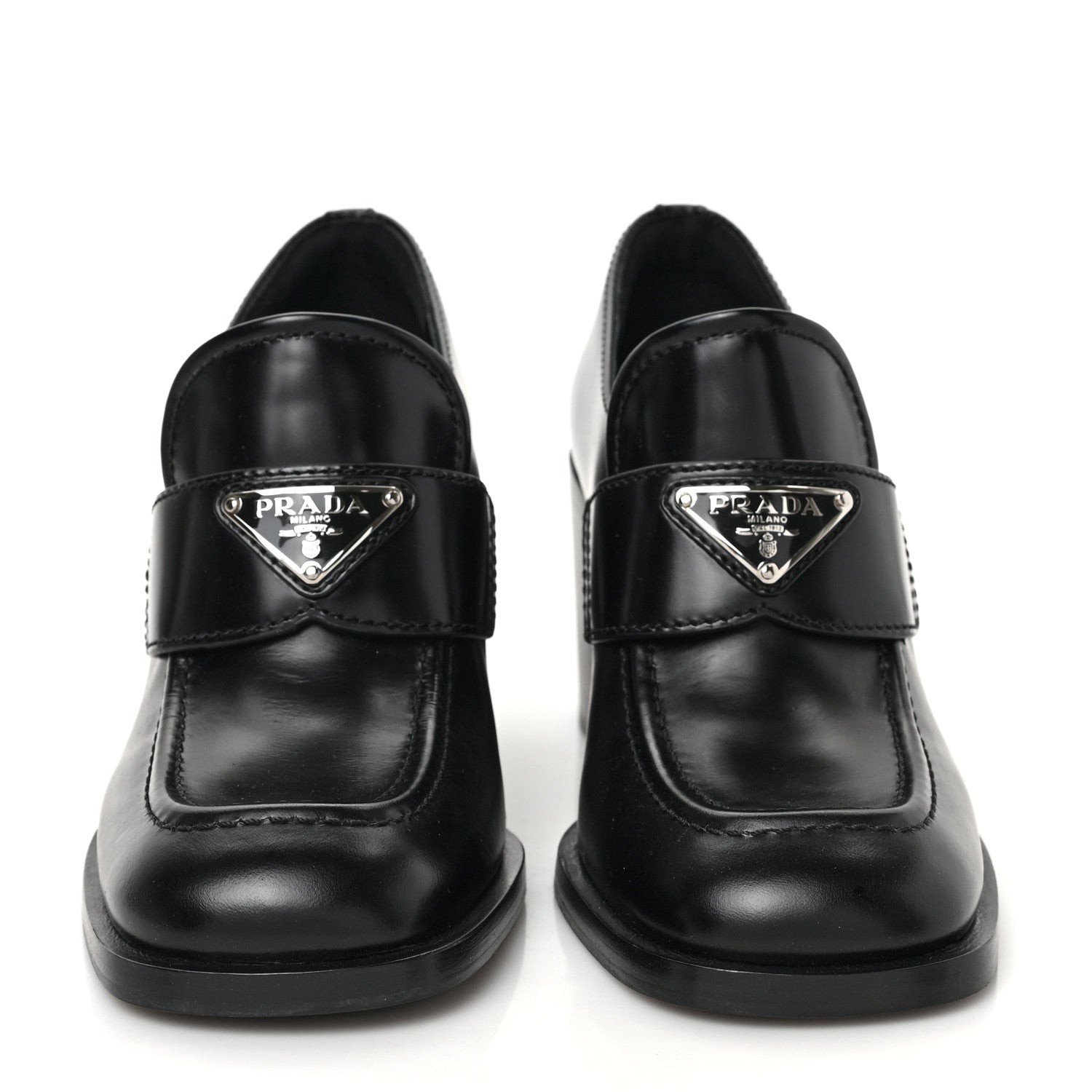 Prada Spazzolato Metal Triangle Logo 85mm Loafers 37.5 Black 2 of 8