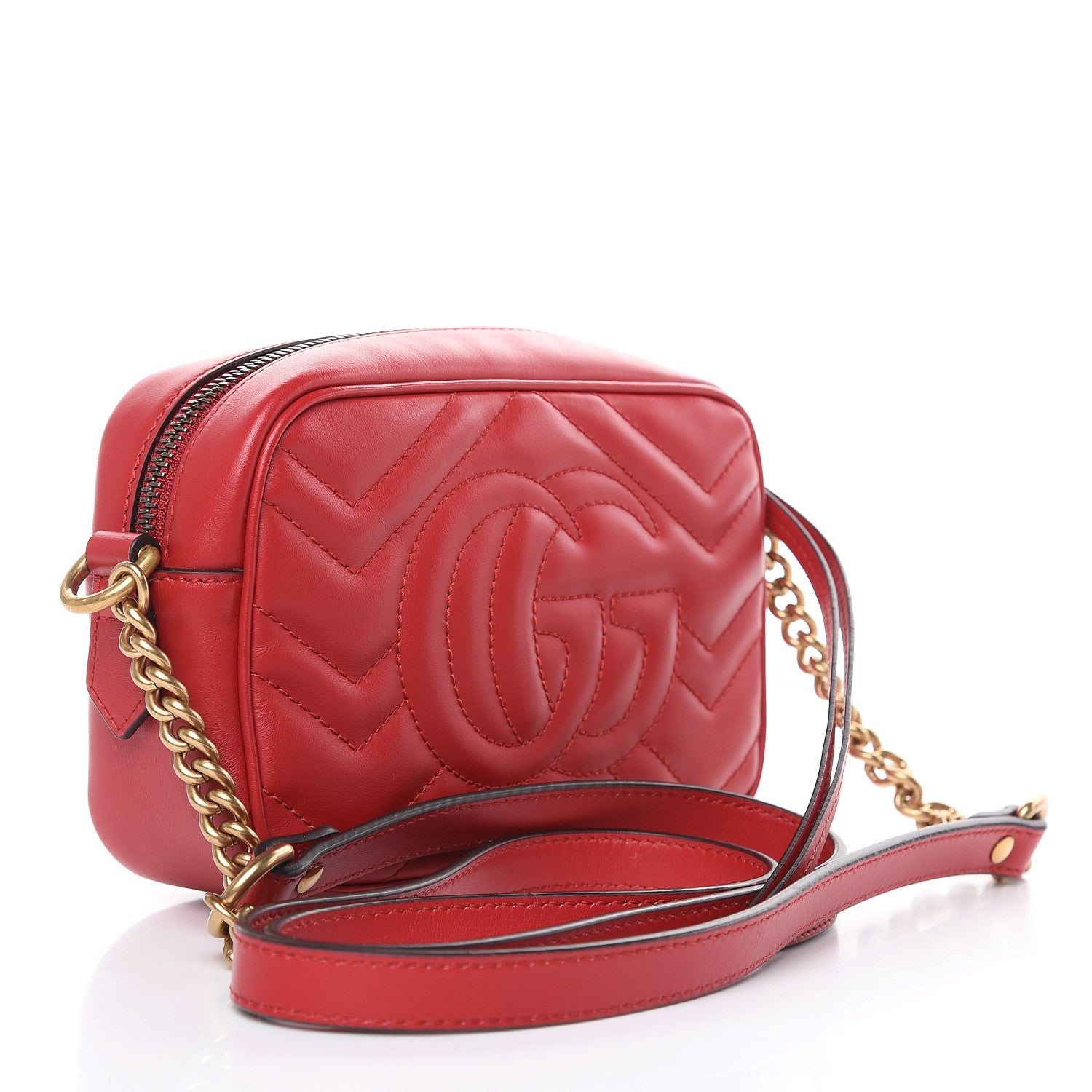 Gucci Calfskin Matelasse Mini GG Marmont Chain Shoulder Bag Hibiscus Red 3 of 9