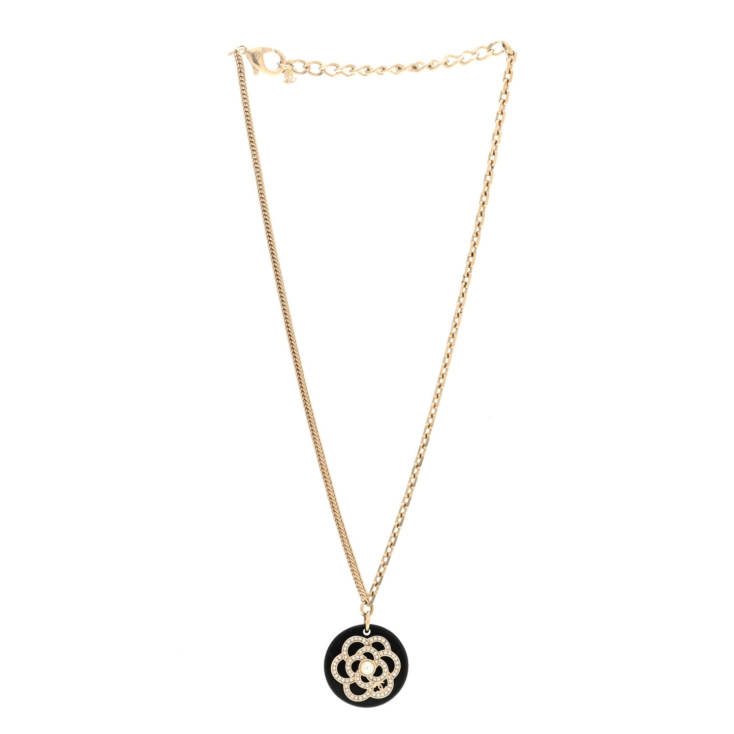 Resin Pearl Crystal Camellia CC Necklace Black Gold