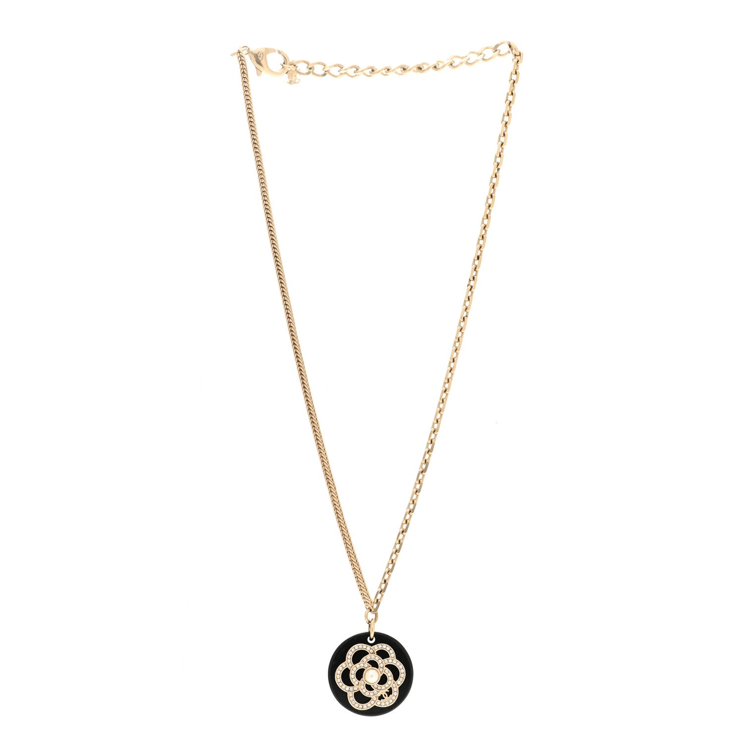 Chanel Resin Pearl Crystal Camellia CC Necklace Black Gold 3 of 6