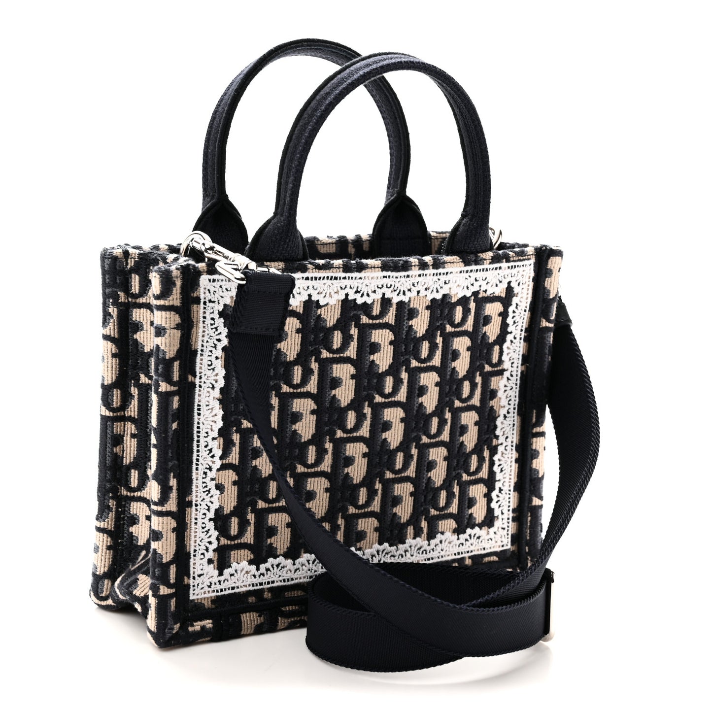 Oblique Embroidered Lace Mini Book Tote With Strap Blue White
