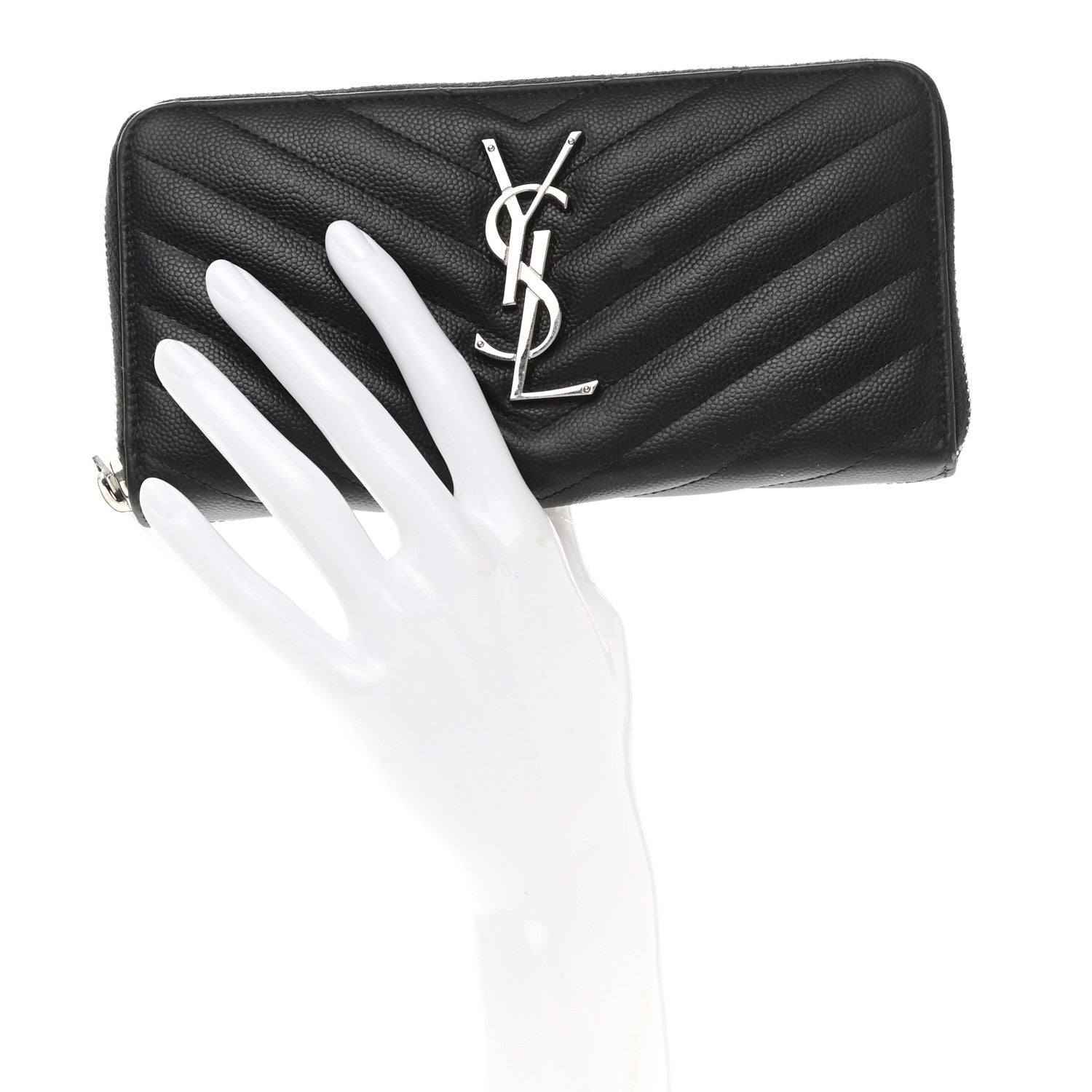 Saint Laurent Grain De Poudre Matelasse Chevron Monogram Zip Around Wallet Black 2 of 9
