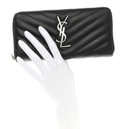 Saint Laurent Grain De Poudre Matelasse Chevron Monogram Zip Around Wallet Black 2 of 9