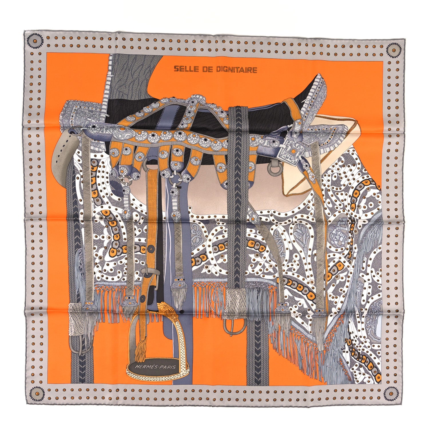 Hermes Silk Selle De Dignitaire Scarf 90 Gris Orange Miel 1 of 3