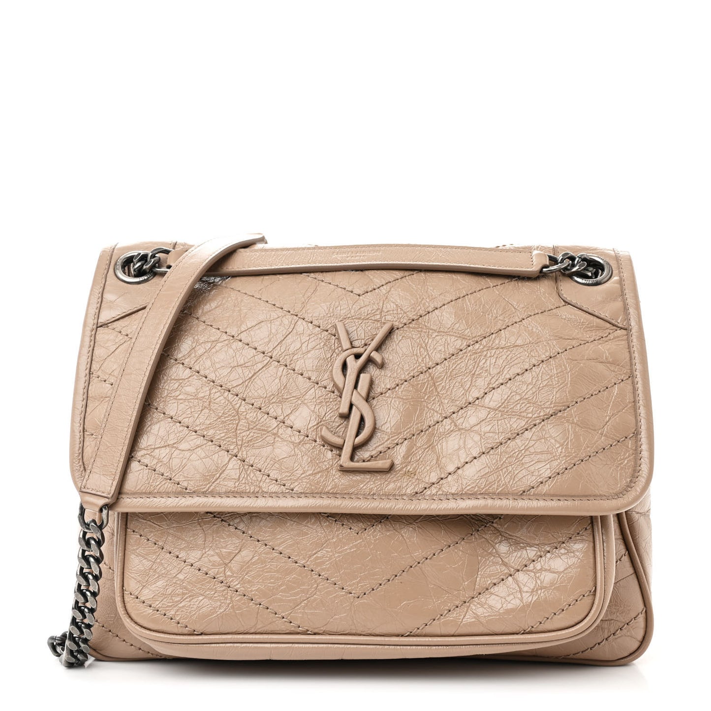Crinkled Calfskin Matelasse Monogram Medium Niki Chain Satchel Light Taupe