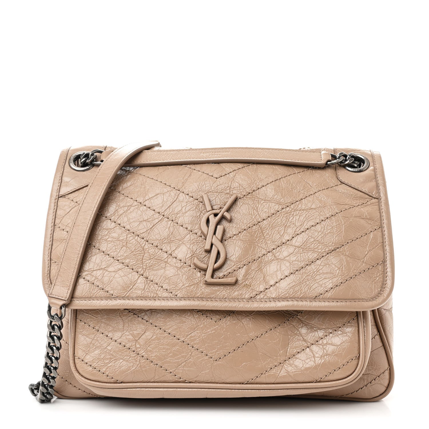 Saint Laurent Crinkled Calfskin Matelasse Monogram Medium Niki Chain Satchel Light Taupe 1 of 10