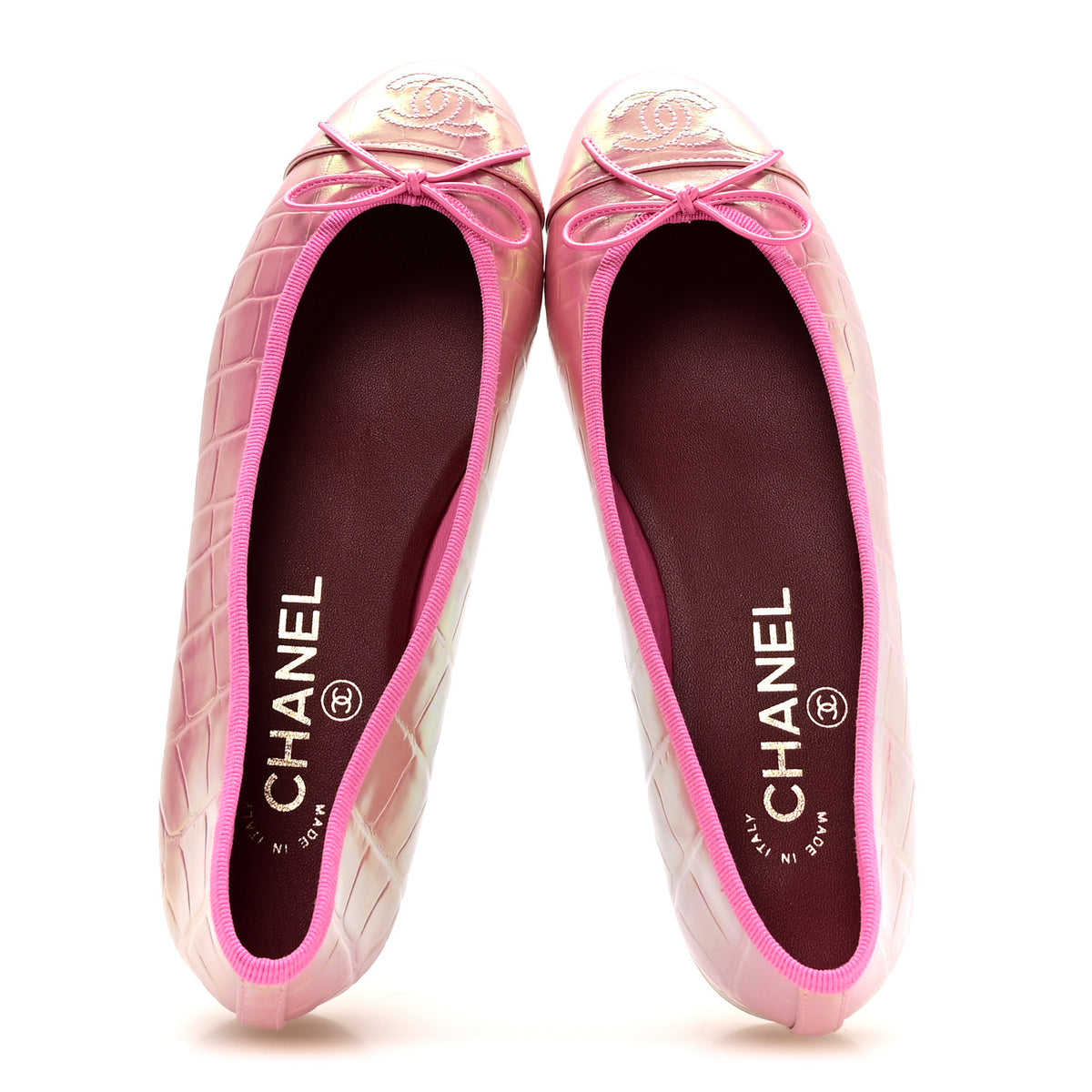 Chanel Iridescent Calfskin Crocodile Embossed Ballerina Flats 36.5 Pink 2 of 9
