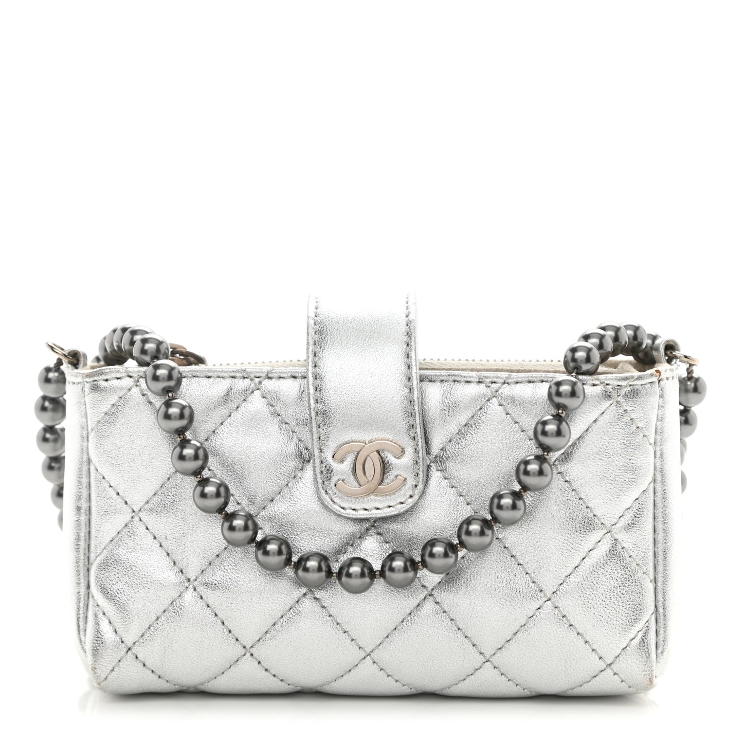 Metallic Lambskin Quilted Pearl Chain Mini Love Symbols Bag Silver