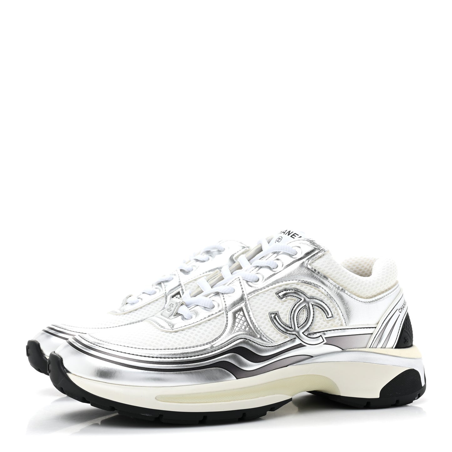 Fabric Laminated Calfskin Stretch CC Sneakers 39 White Silver