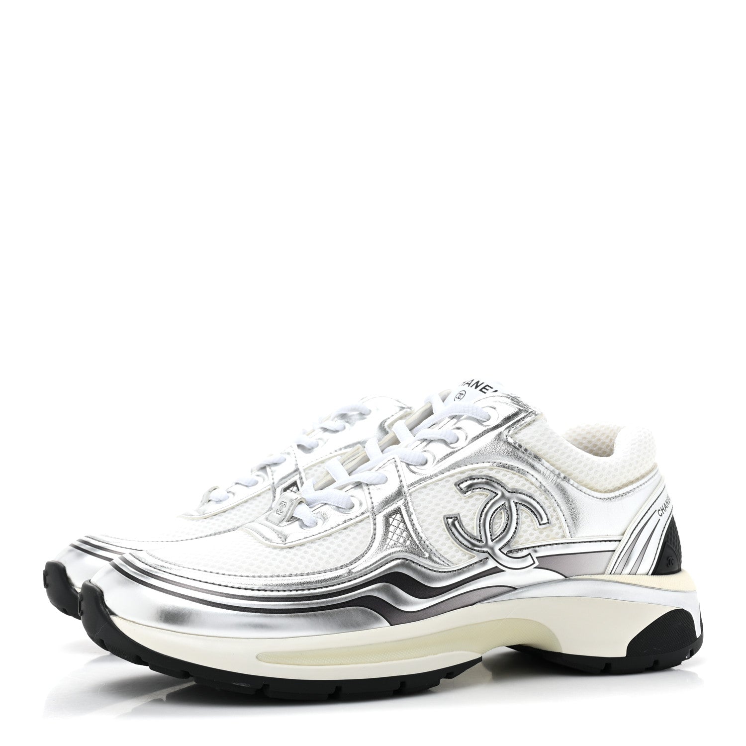 Chanel Fabric Laminated Calfskin Stretch CC Sneakers 39 White Silver 5 of 20