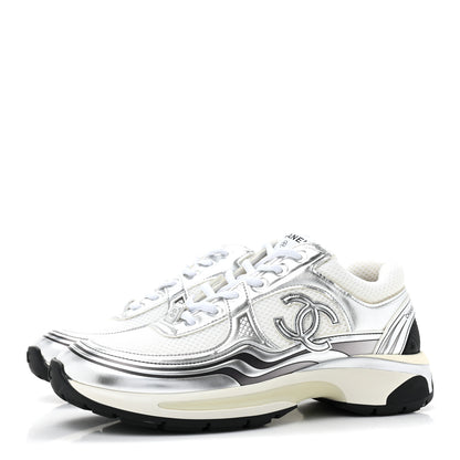 Chanel Fabric Laminated Calfskin Stretch CC Sneakers 39 White Silver 5 of 20