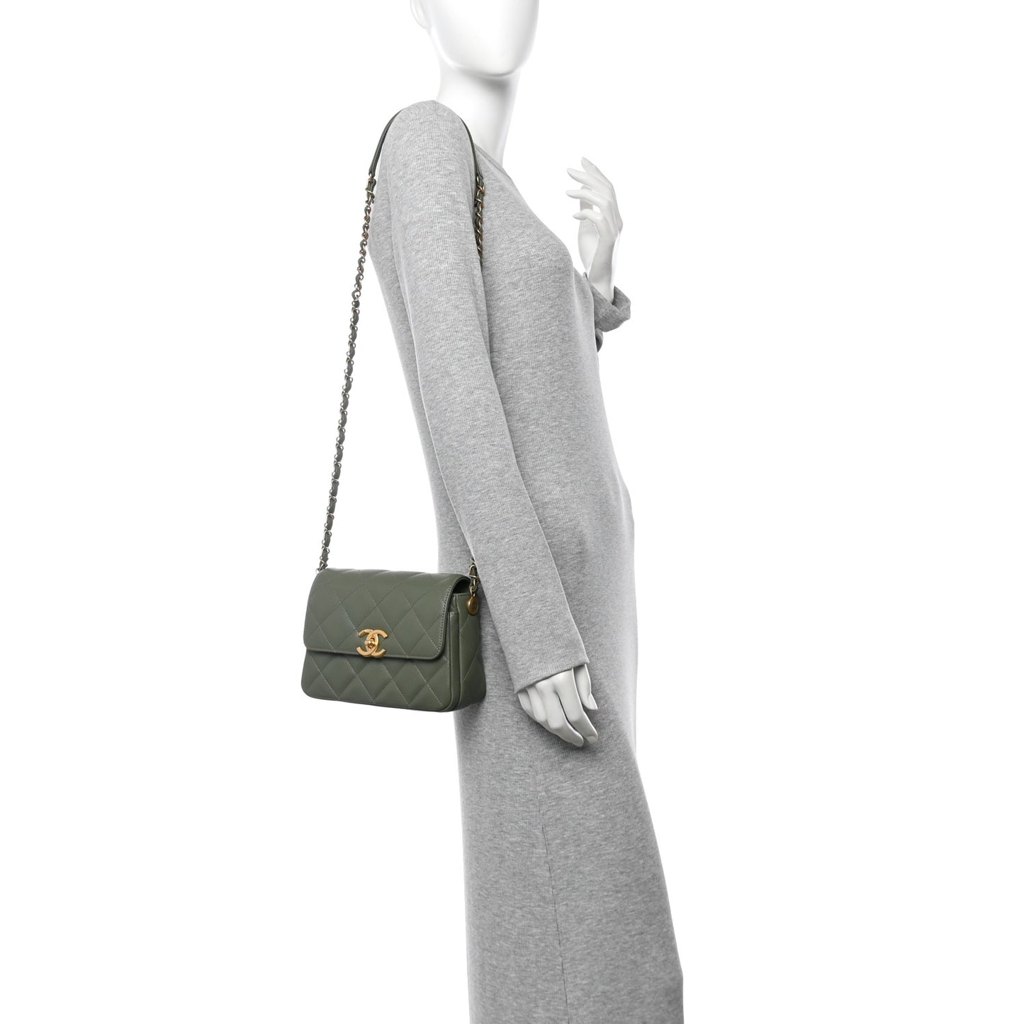 Shiny Caviar Quilted Mini Flap Khaki