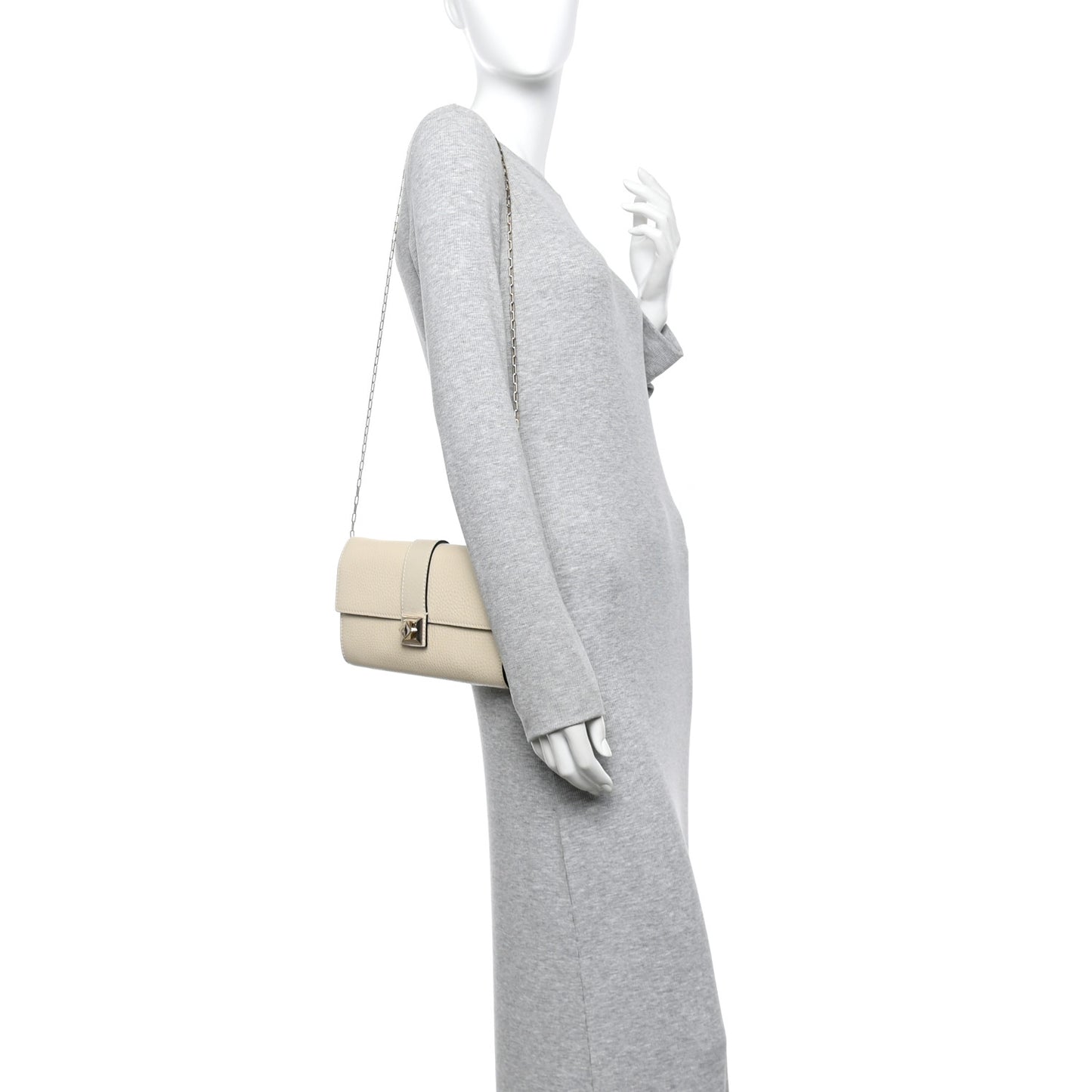 Pebbled Calfskin Rockstud Chain Clutch Light Ivory