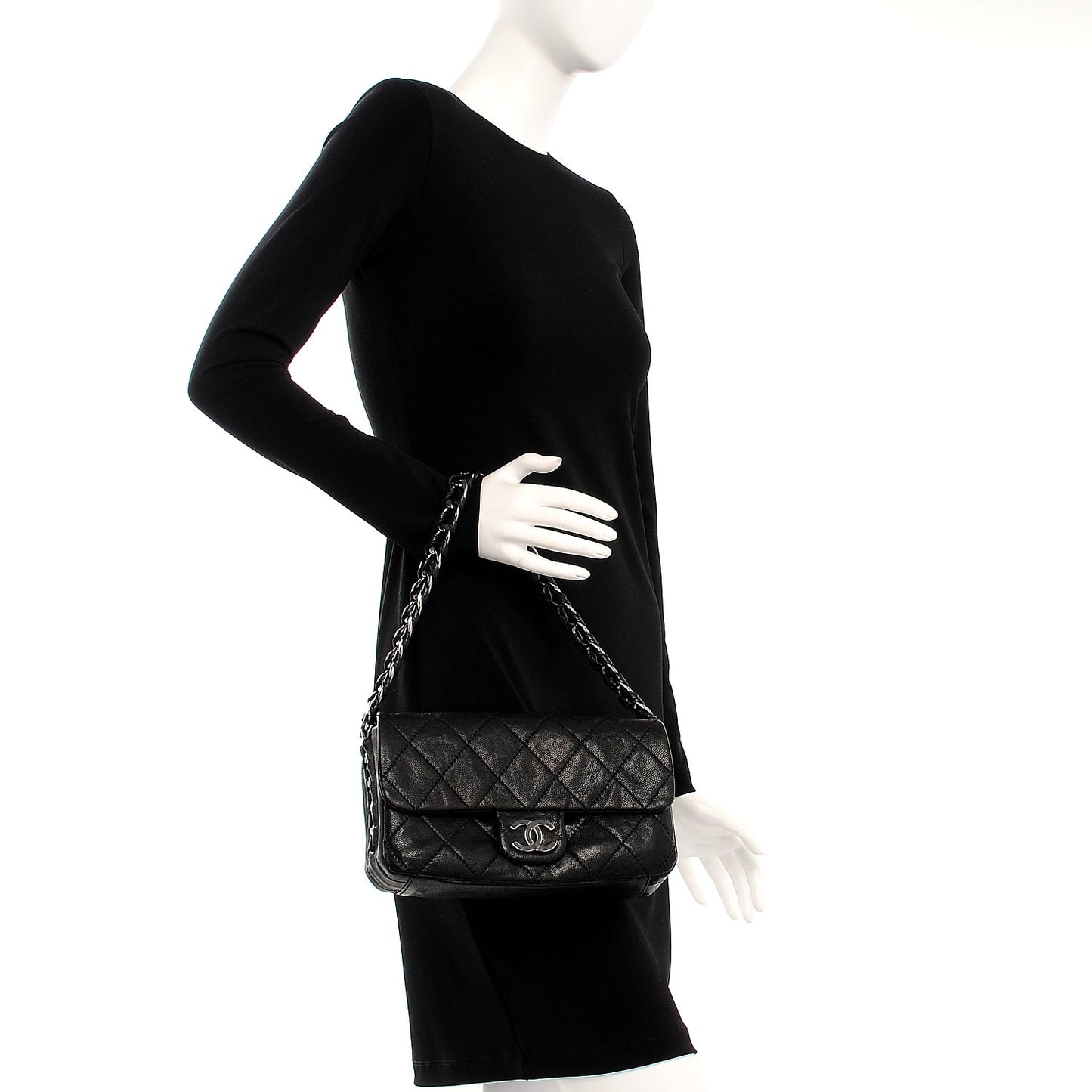 Glazed Caviar Quilted Modern Chain Flap Black