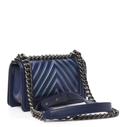 Chanel Calfskin Painted Chevron Embossed Small Boy Flap Dark Blue 3 of 10