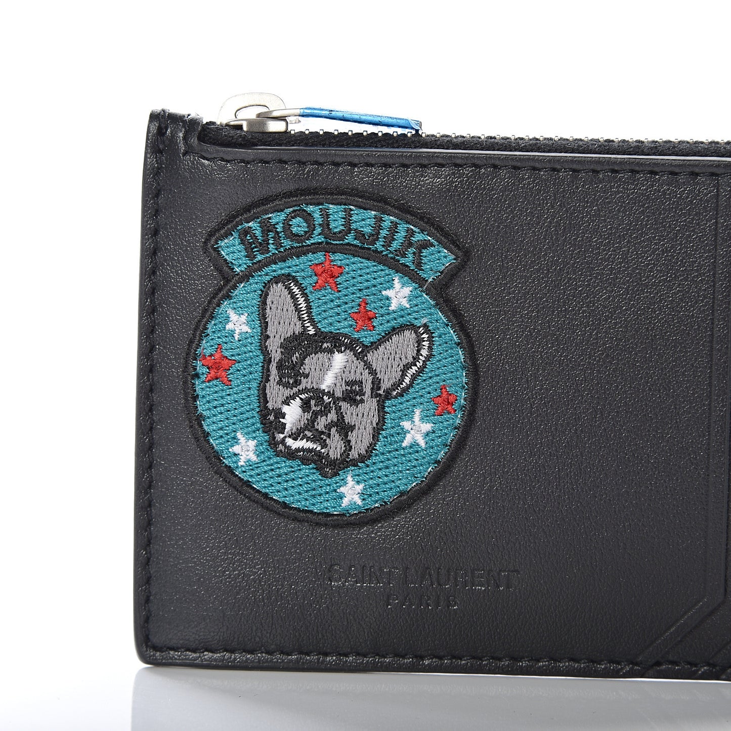 Calfskin Moujik Patch Fragments Zip Pouch Card Holder Black