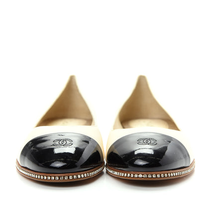 Chanel Patent Lambskin Crystal CC Cap Toe Ballerina Flats 39 Beige Black 2 of 11
