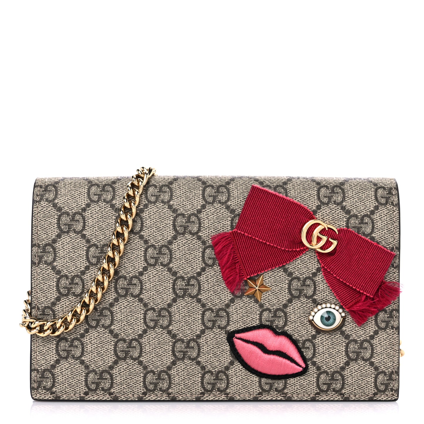 GG Supreme Monogram Face Embroidered Chain Wallet Pink