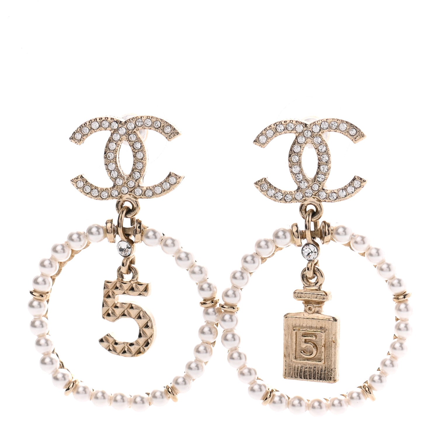 Chanel Crystal Pearl Chanel Charms CC Drop Earrings Gold 1 of 4