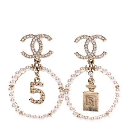 Chanel Crystal Pearl Chanel Charms CC Drop Earrings Gold 1 of 4