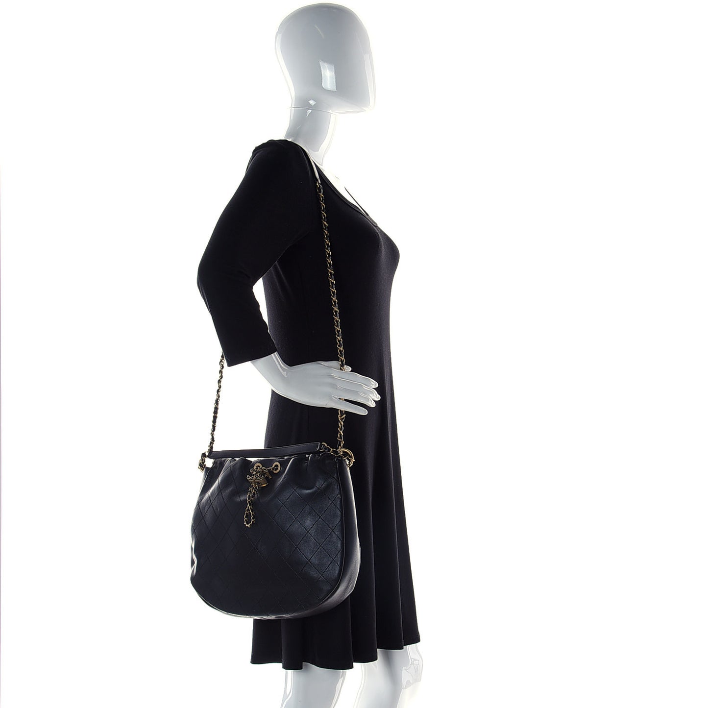 Lambskin Stitched Large Drawstring Bag Black