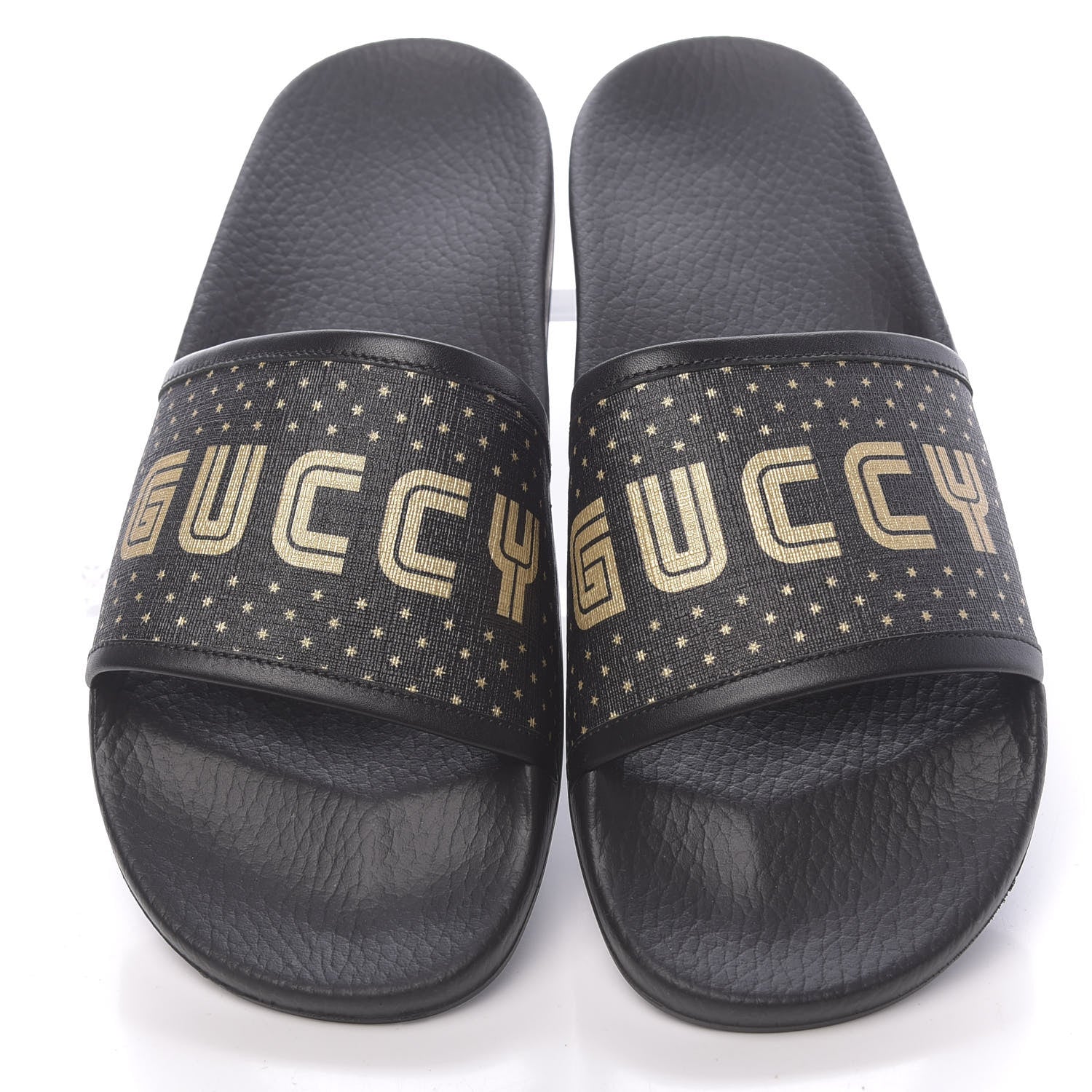 Gucci X SEGA Supreme Canvas GUCCY Stars Womens Slide Sandals 42 Black Gold 5 of 11