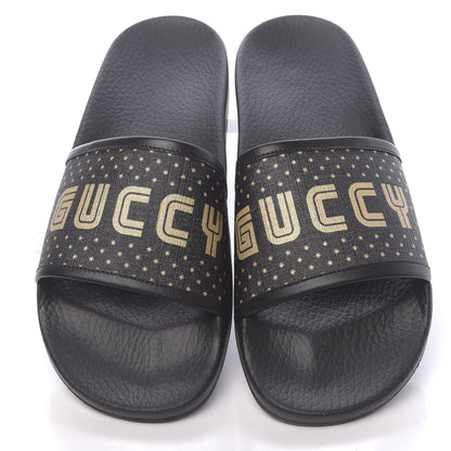 Gucci X SEGA Supreme Canvas GUCCY Stars Womens Slide Sandals 42 Black Gold 5 of 11