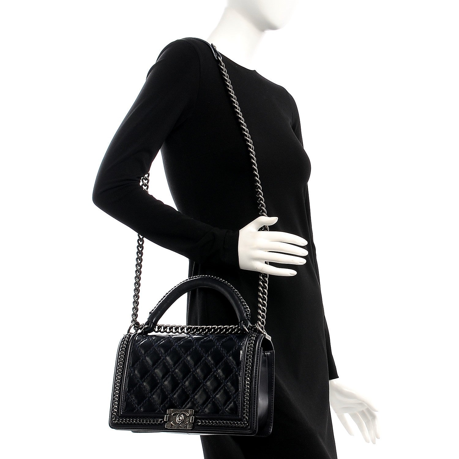 Chanel Calfskin Quilted New Medium Boy Top Handle Flap Dark Blue 3 of 11