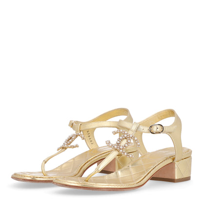 Chanel Laminated Lambskin Quilted CC Pearl Thong Sandals 39 Gold 4 of 11
