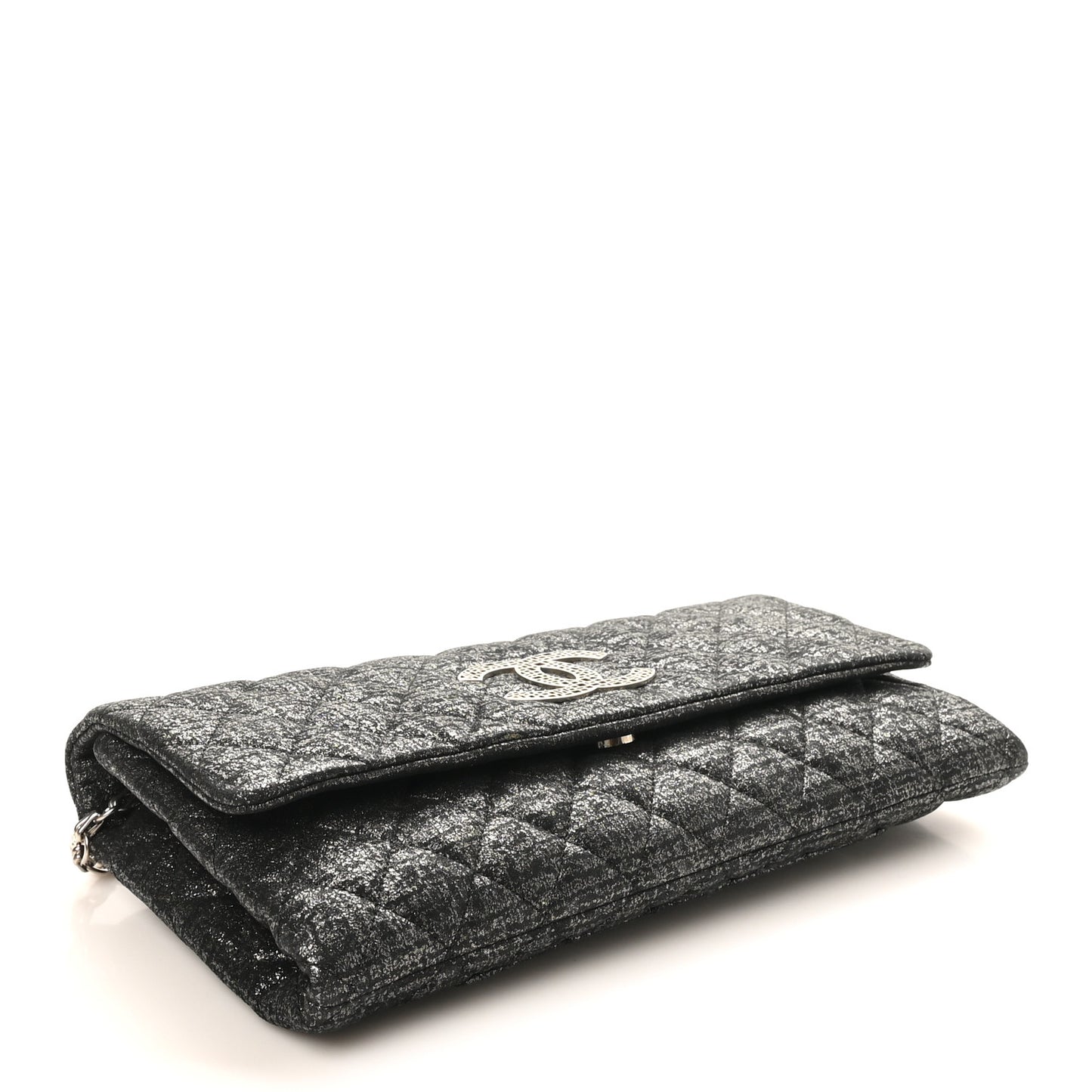 Glitter Fabric Quilted Flap Clutch With Butterfly Chain Black