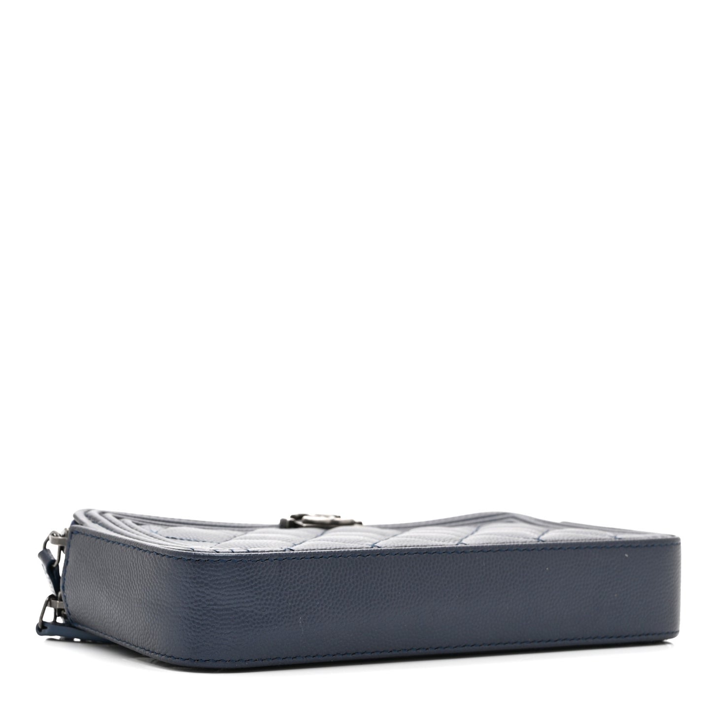 Metallic Caviar Quilted Small Boy Clutch With Chain Navy