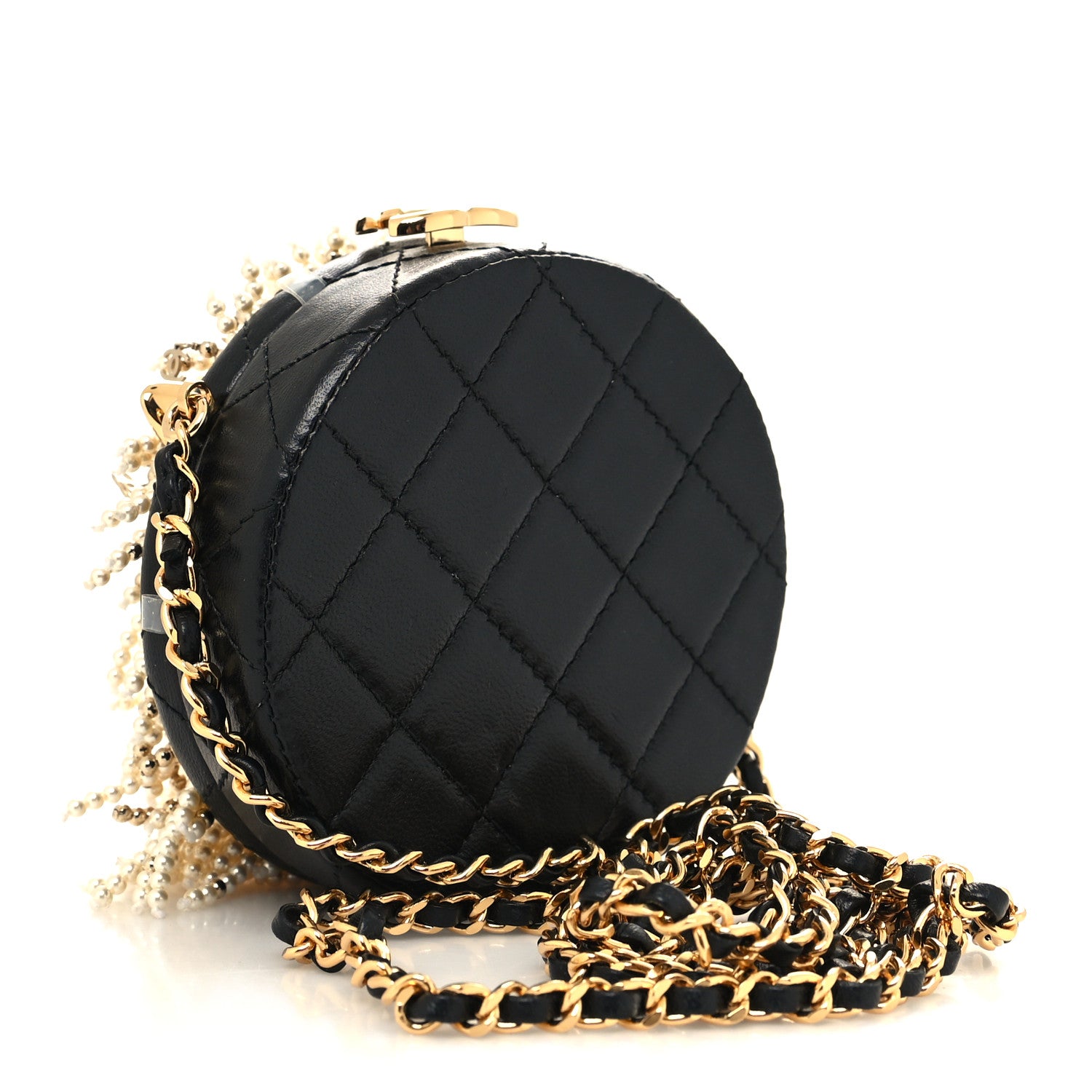 Chanel Lambskin Pearl Crystal Lion Round Minaudiere Clutch Black Gold 3 of 12