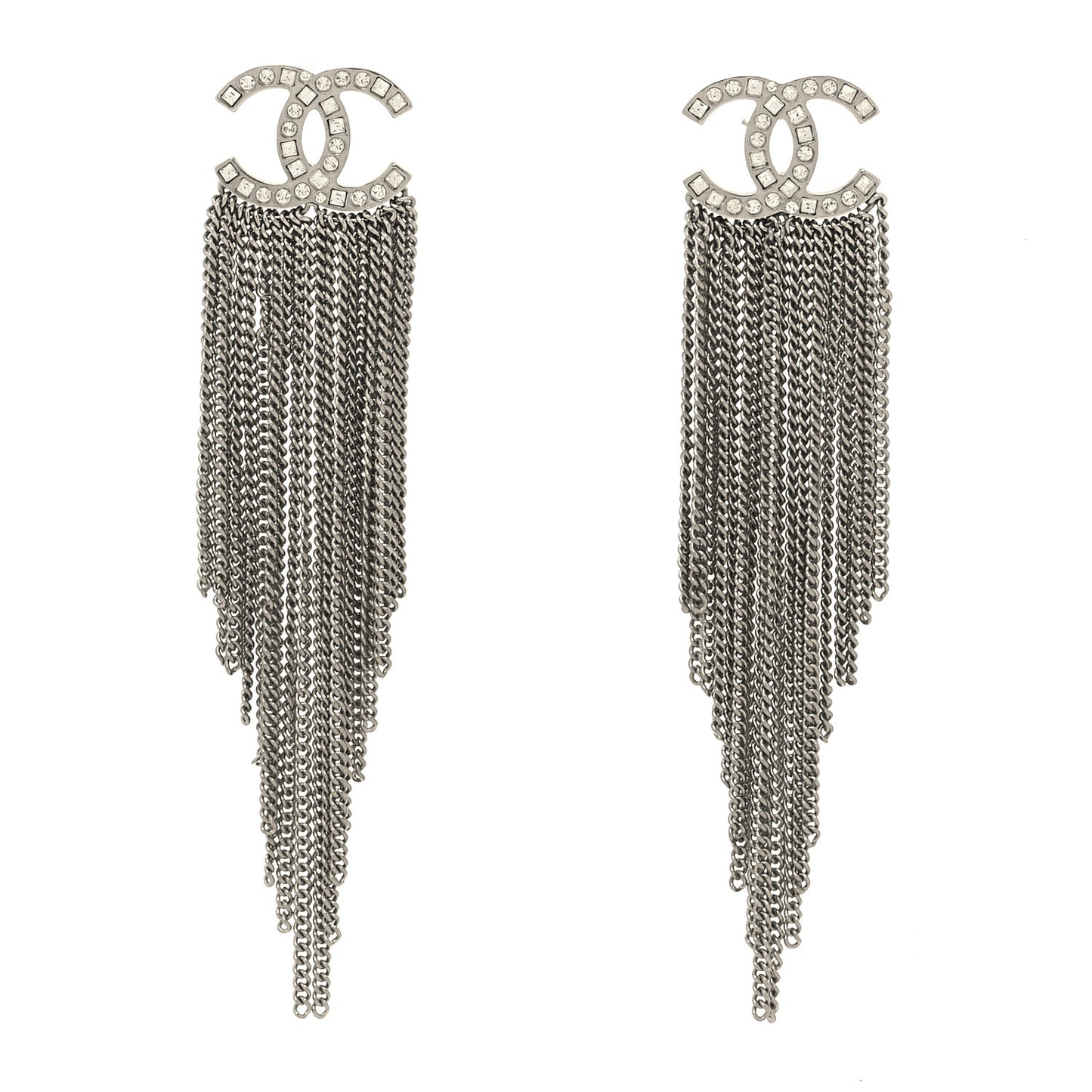 Baguette Crystal CC Chain Drop Earrings Silver