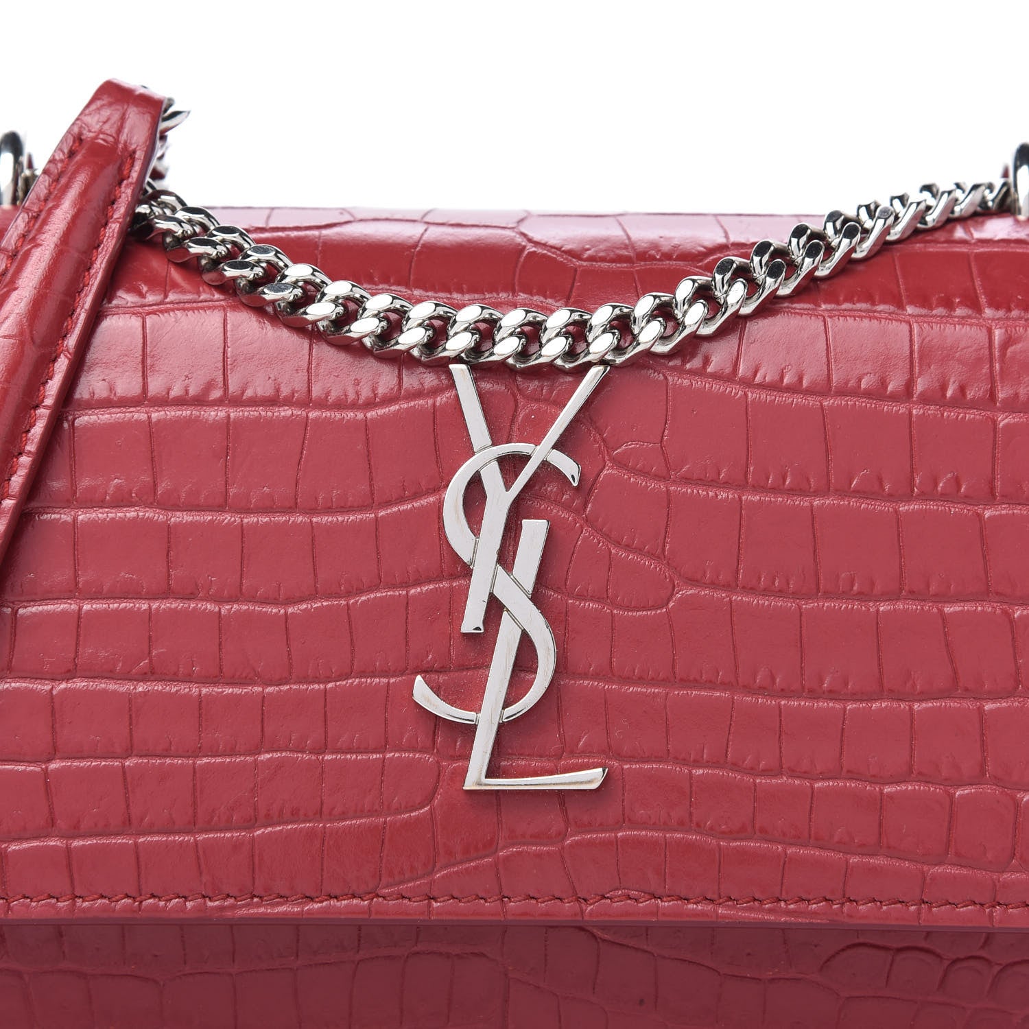Saint Laurent Calfskin Crocodile Embossed Monogram Sunset Chain Wallet New Lipstick Red 9 of 9