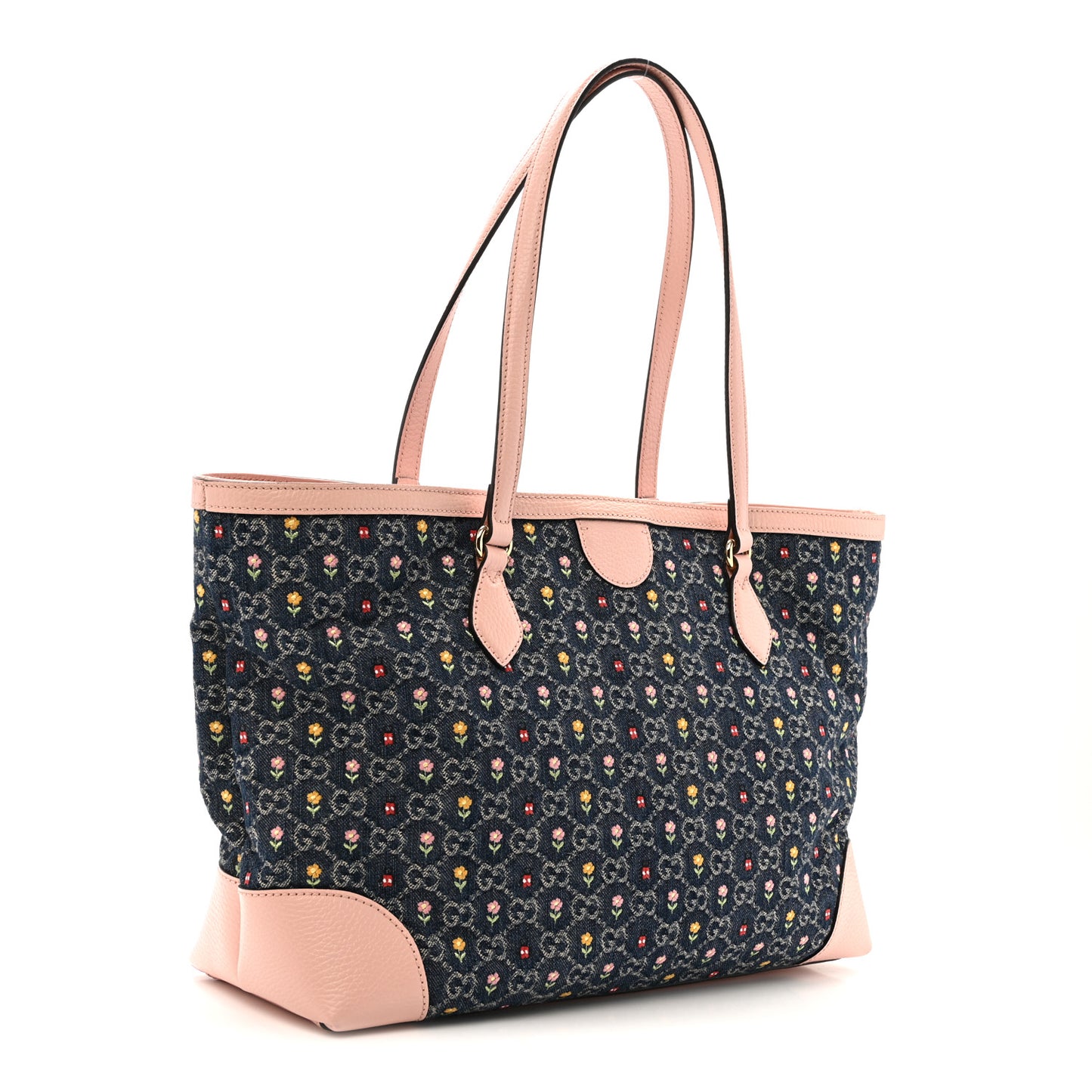New Denim Dollar Calfskin Floral GG Monogram Medium Ophidia Shopping Tote Blue Tea Multicolor Powder Pink