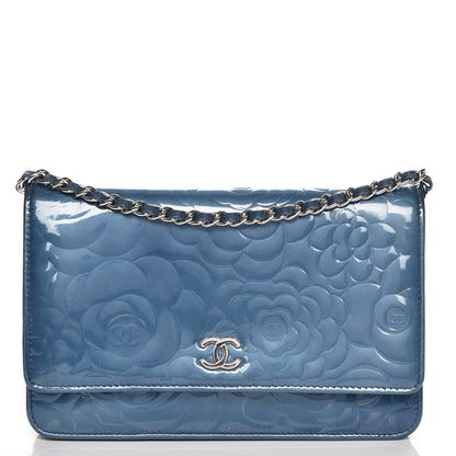 Chanel Patent Camellia Wallet on Chain WOC Blue 1 of 13