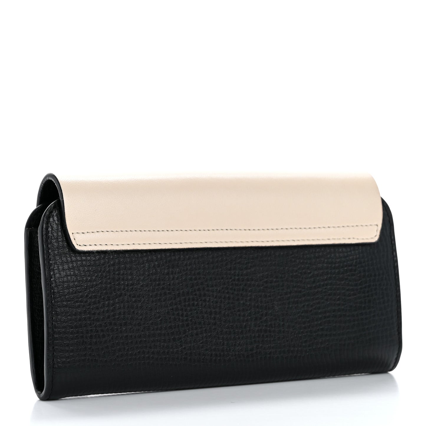 Grained Calfskin Lambskin Drew Long Wallet with Flap Black Powder Beige