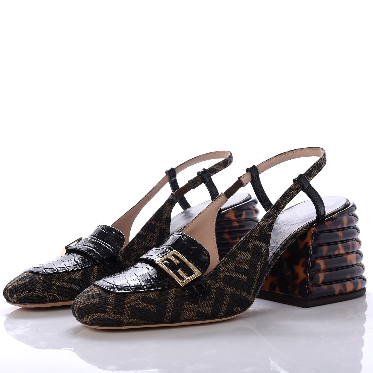 Fendi Jacquard Calfskin FF Tortoise Promenade Slingback Loafer Pumps 38 Tobacco 3 of 9