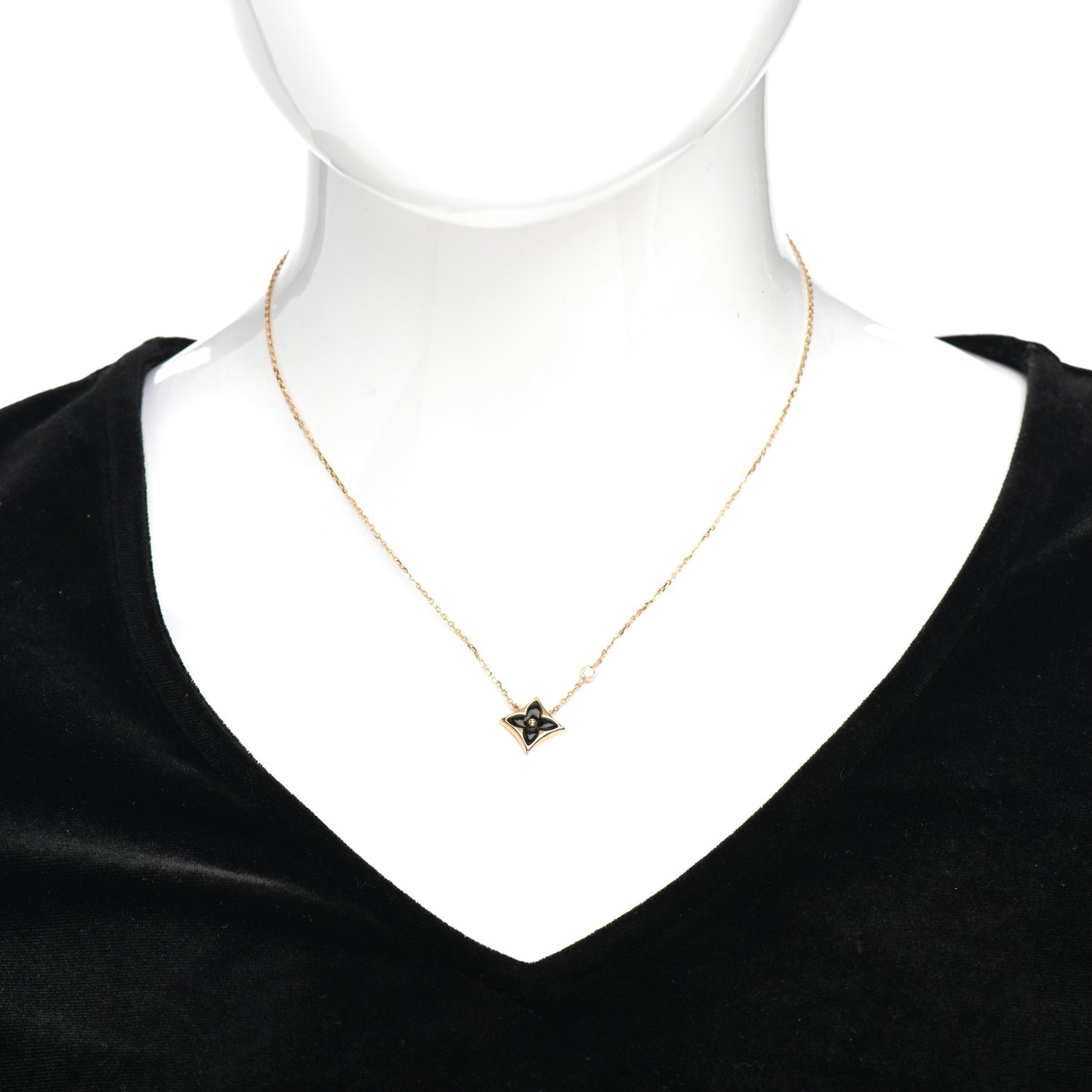 18K Yellow Gold Diamond Black Onyx Color Blossom BB Star Pendant Necklace